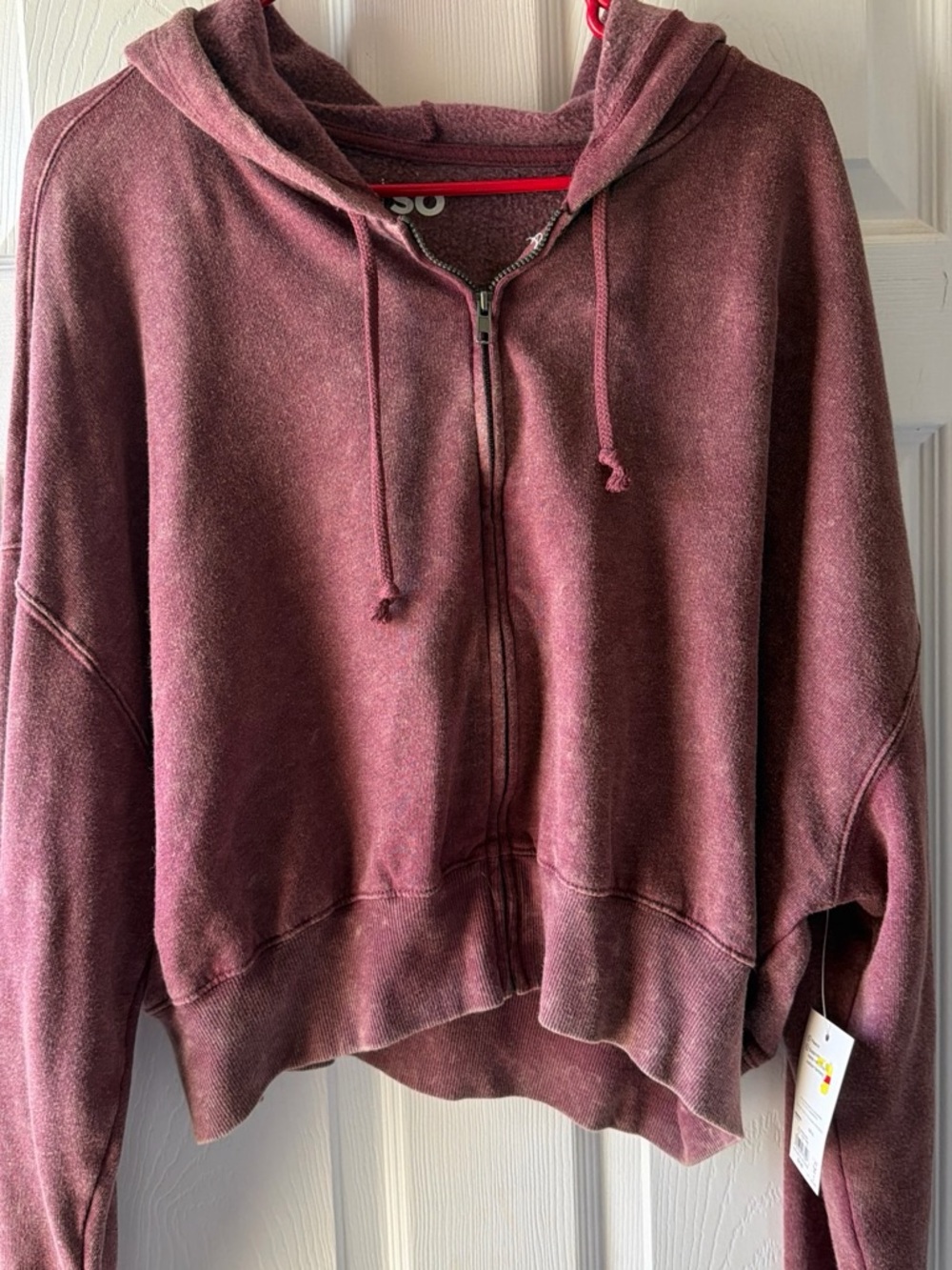 SO Washed Maroon Cropped Zip Hoodie with Drawstring